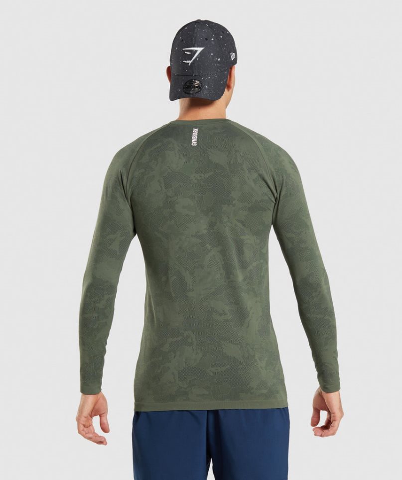 Men's Gymshark Geo Seamless Long Sleeve T-Shirts Olive | CA 810D75